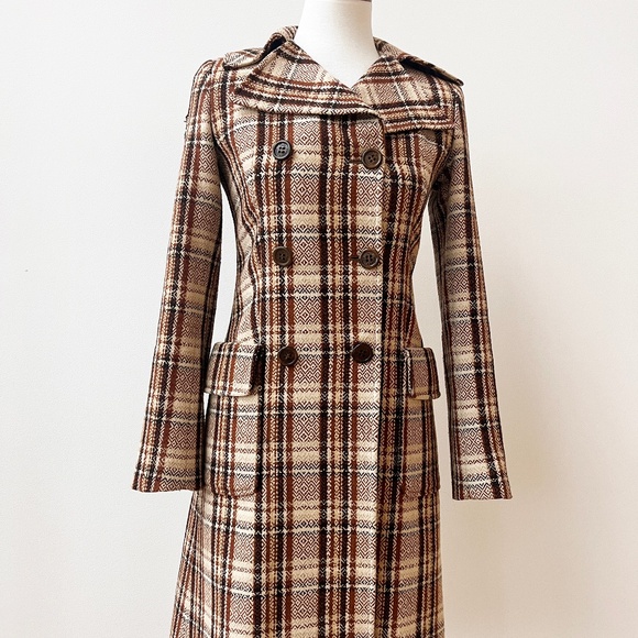 Vintage D&G Dolce and Gabbana 70's Style Brown Plaid Wool Coat Size 38
